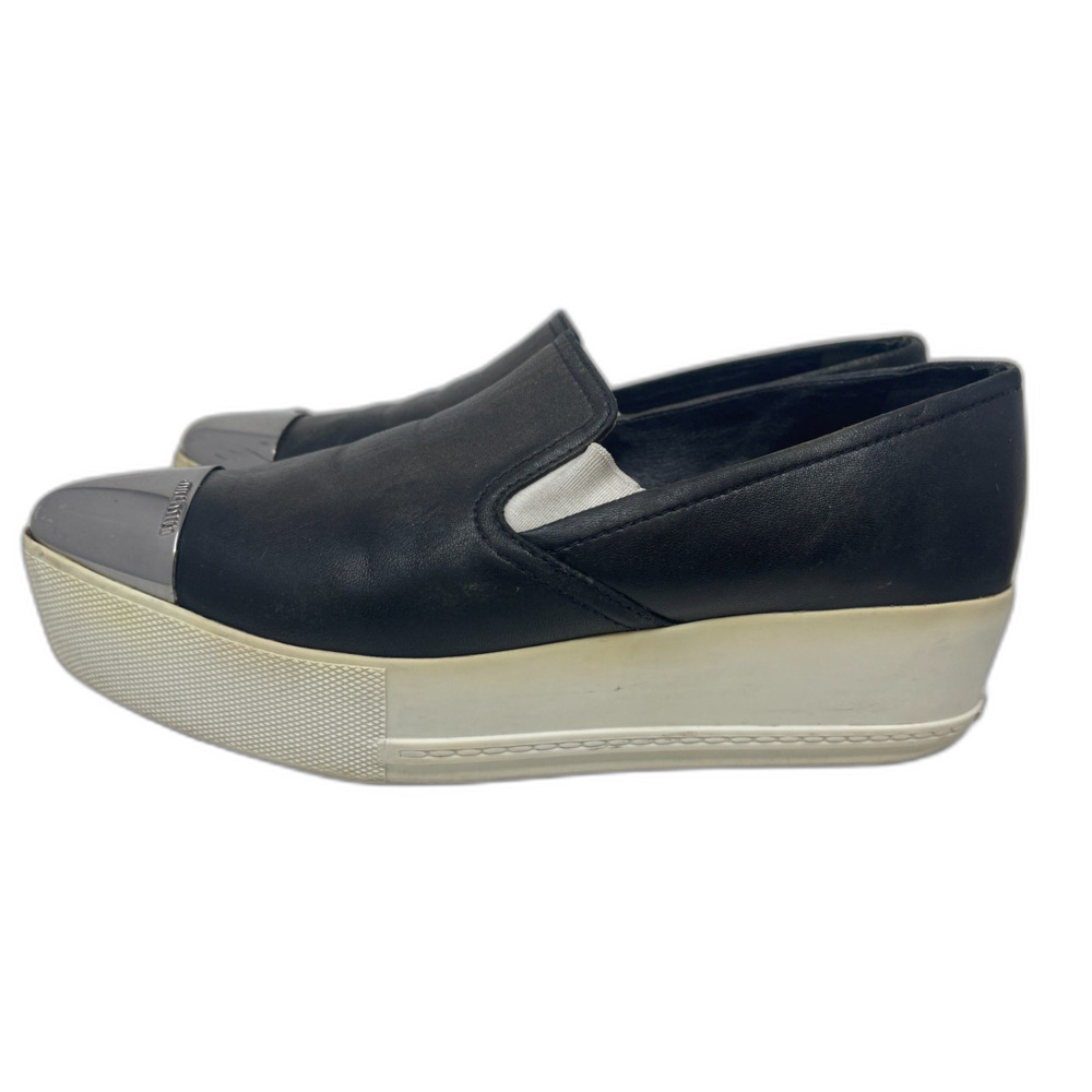 MIU MIU Black Leather Silver Metal Cap Toe Slip On Platform Sneaker EU 38 Italy - Picture 5 of 11